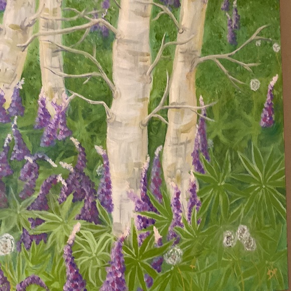 Gallery Canvas Wrapped Box Frame Original Oil Painting Lupins & Aspen Trees - Picture 6 of 7